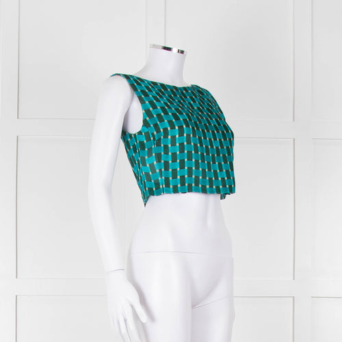 Jonathan Saunders Turquoise Khaki Green Geometric Print Cropped Top