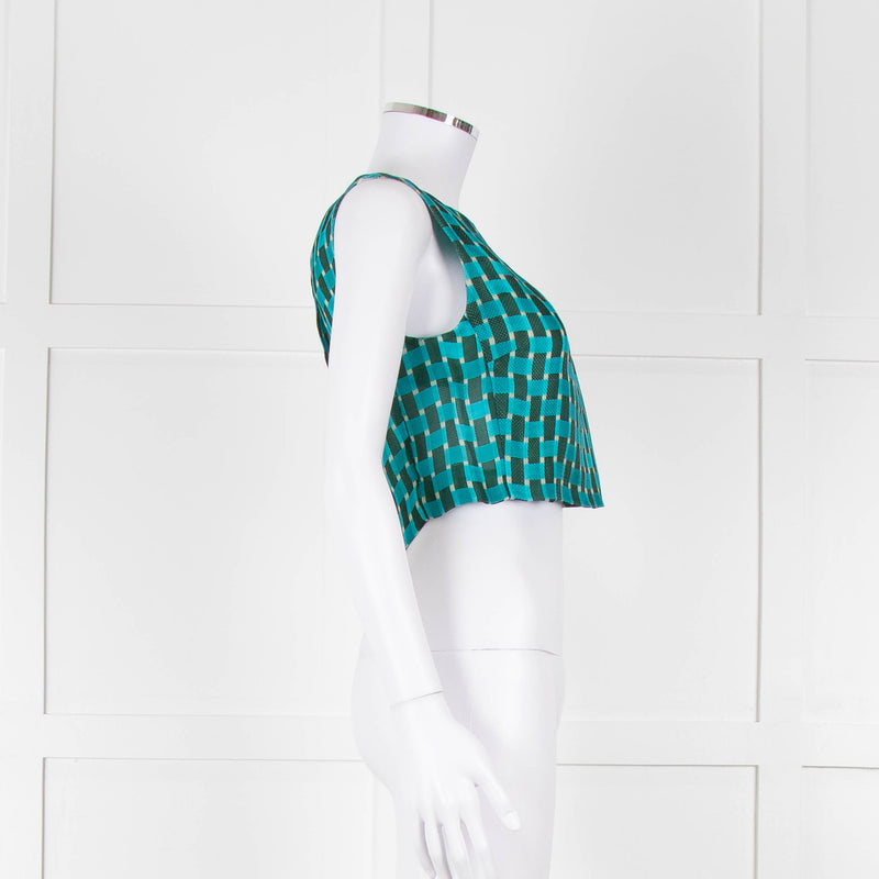 Jonathan Saunders Turquoise Khaki Green Geometric Print Cropped Top