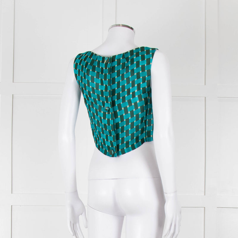 Jonathan Saunders Turquoise Khaki Green Geometric Print Cropped Top
