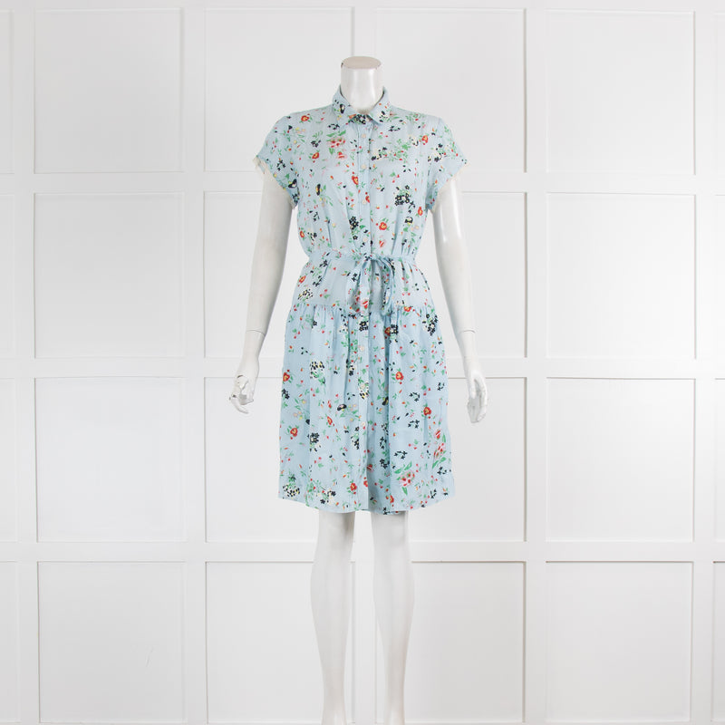 Zadig & Voltaire Pale Blue Red Floral Belted Short Sleeve Dress