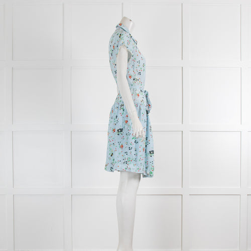 Zadig & Voltaire Pale Blue Red Floral Belted Short Sleeve Dress