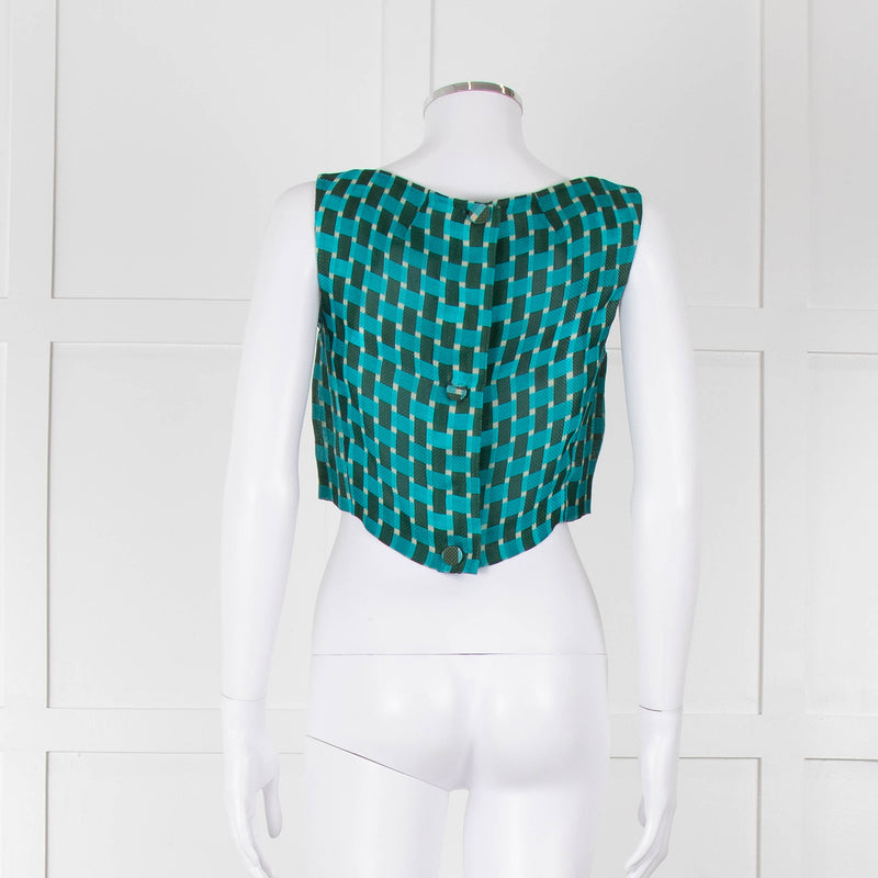 Jonathan Saunders Turquoise Khaki Green Geometric Print Cropped Top