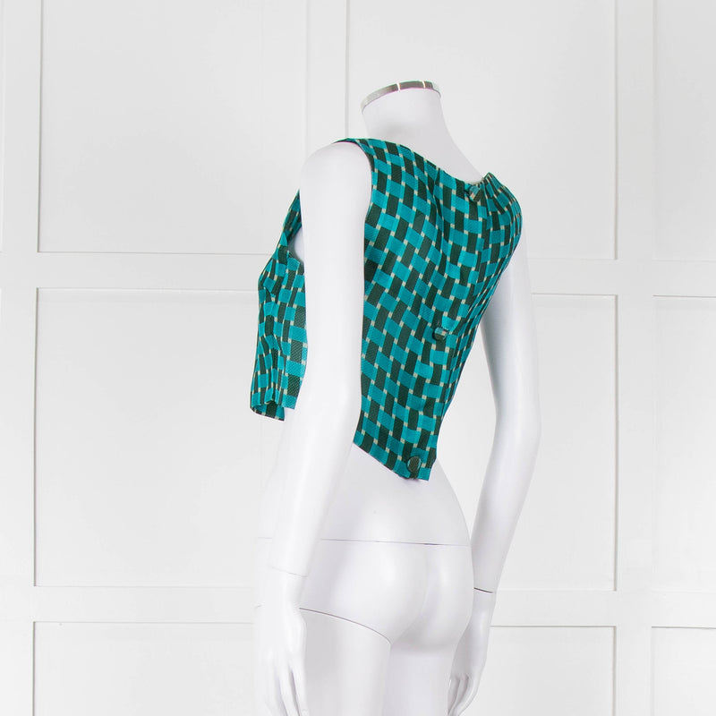 Jonathan Saunders Turquoise Khaki Green Geometric Print Cropped Top