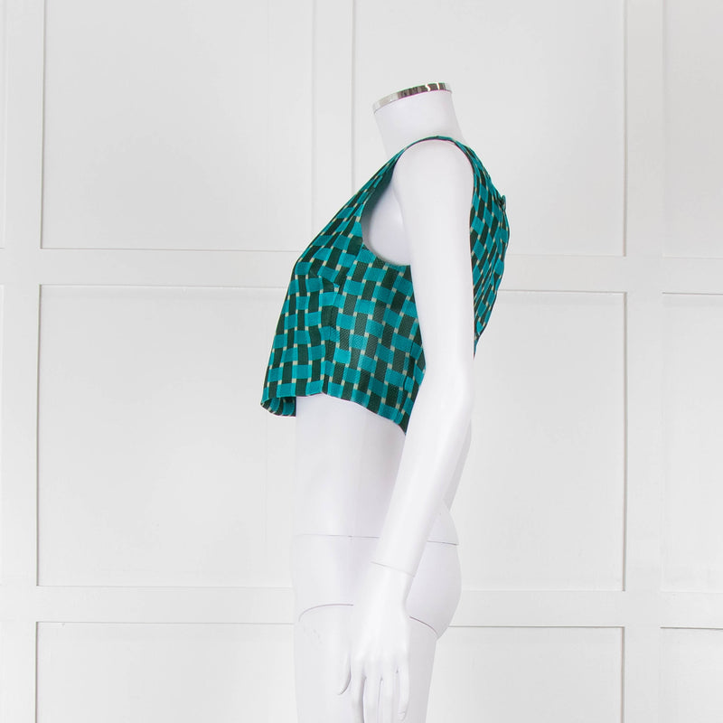 Jonathan Saunders Turquoise Khaki Green Geometric Print Cropped Top