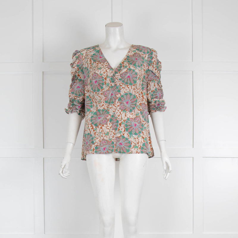 Veronica Beard Green & Pink Patterned Silk Blouse