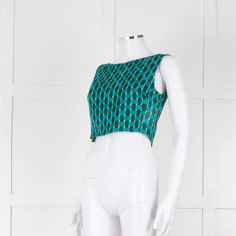 Jonathan Saunders Turquoise Khaki Green Geometric Print Cropped Top
