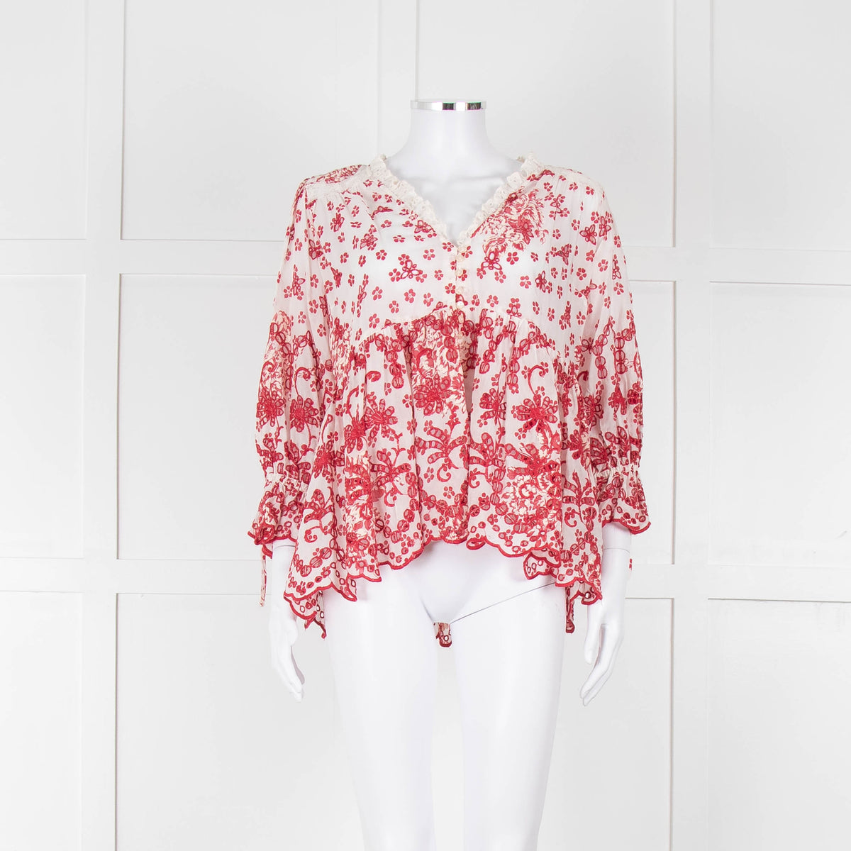 By Timo White Red Embroidered Button Front Peplum Top