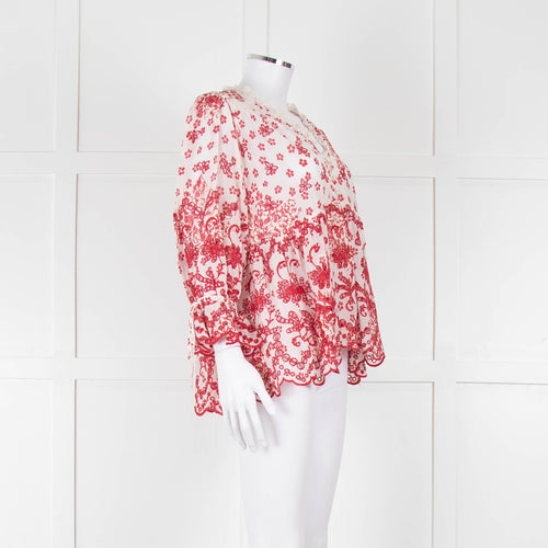 By Timo White Red Embroidered Button Front Peplum Top