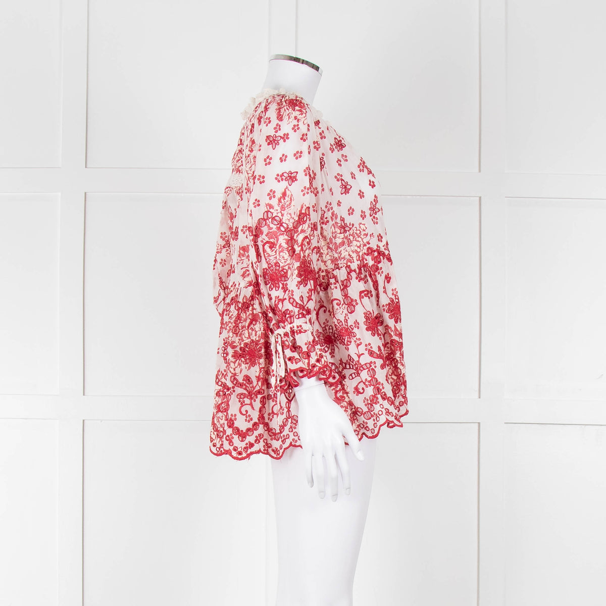 By Timo White Red Embroidered Button Front Peplum Top