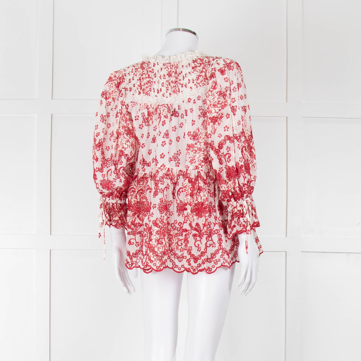 By Timo White Red Embroidered Button Front Peplum Top