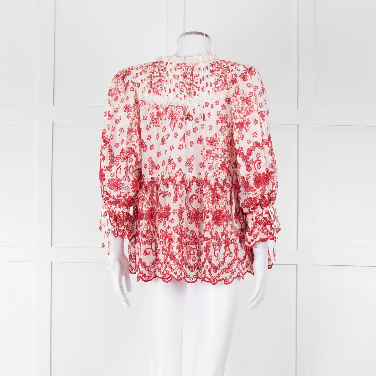 By Timo White Red Embroidered Button Front Peplum Top