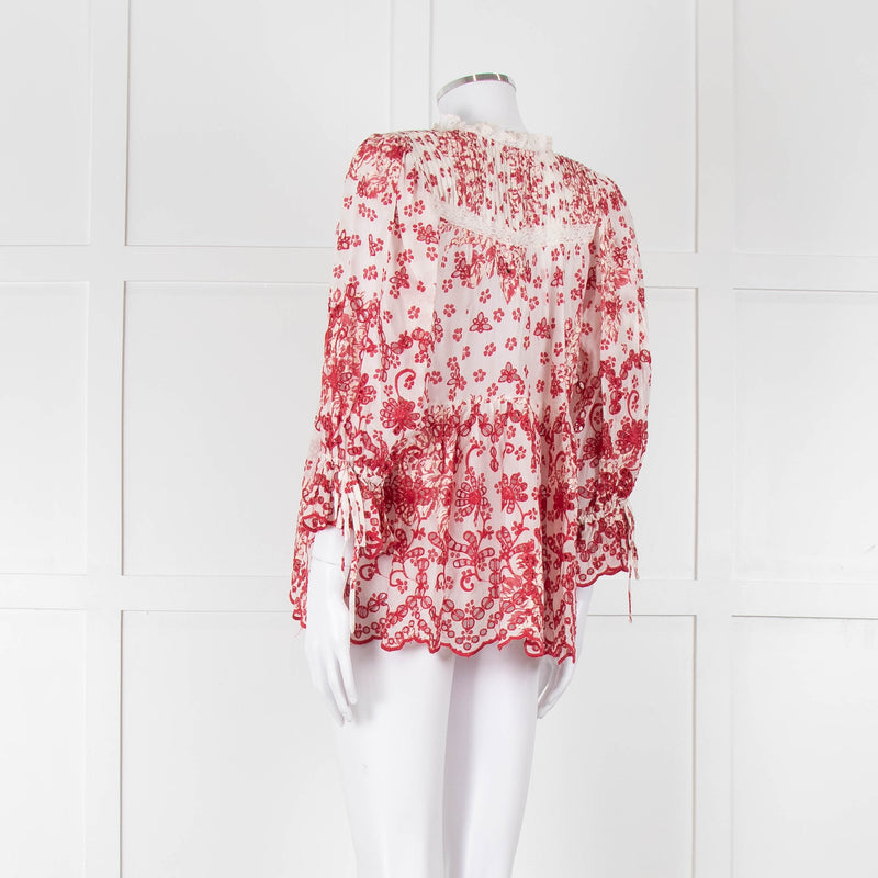 By Timo White Red Embroidered Button Front Peplum Top