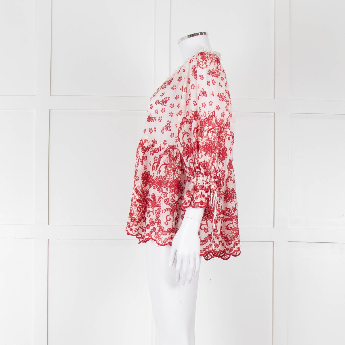 By Timo White Red Embroidered Button Front Peplum Top