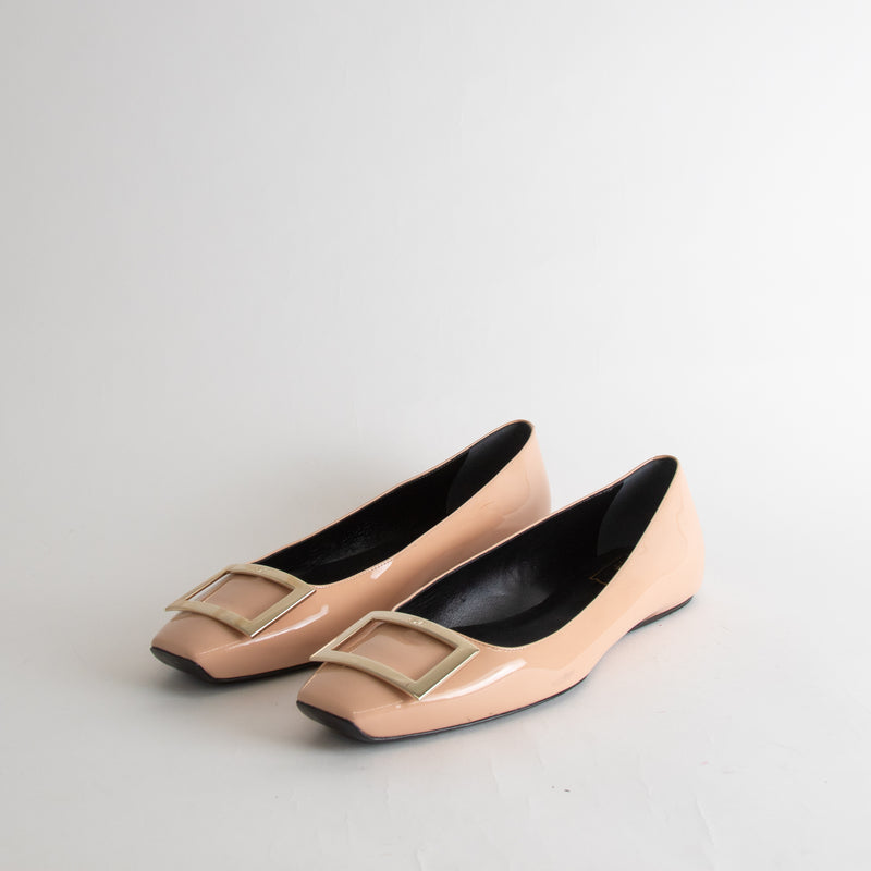 Roger Vivier Nude Patent Square Toe Buckle Detail Flats