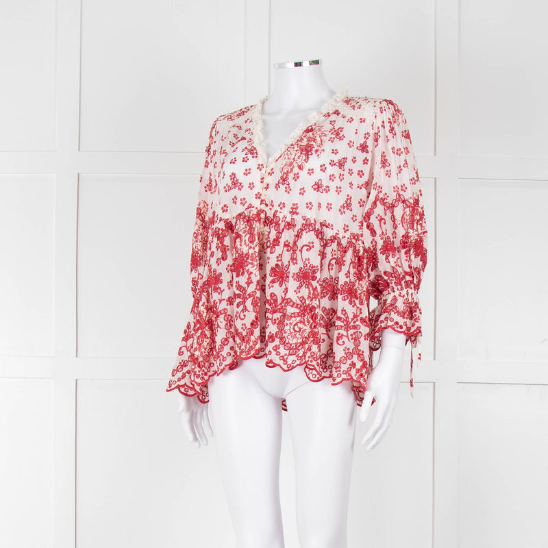 By Timo White Red Embroidered Button Front Peplum Top