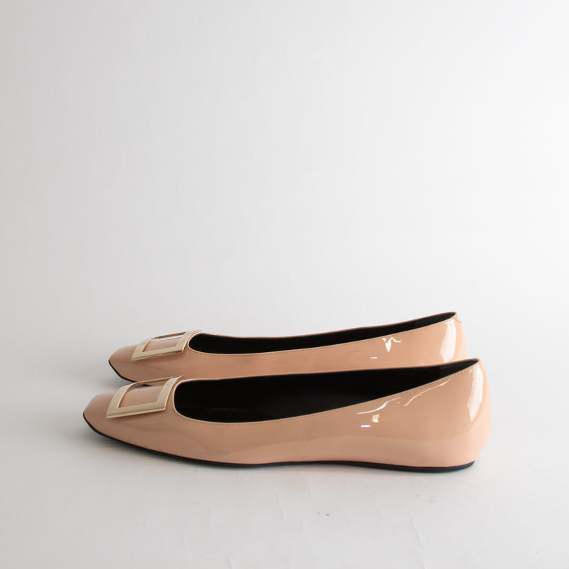Roger Vivier Nude Patent Square Toe Buckle Detail Flats