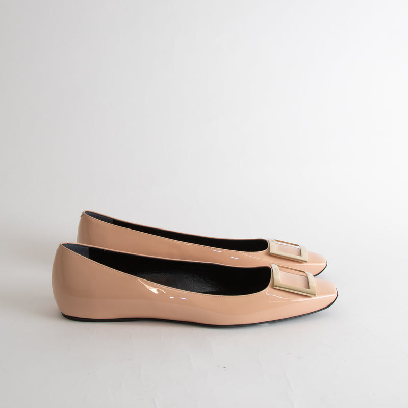 Roger Vivier Nude Patent Square Toe Buckle Detail Flats