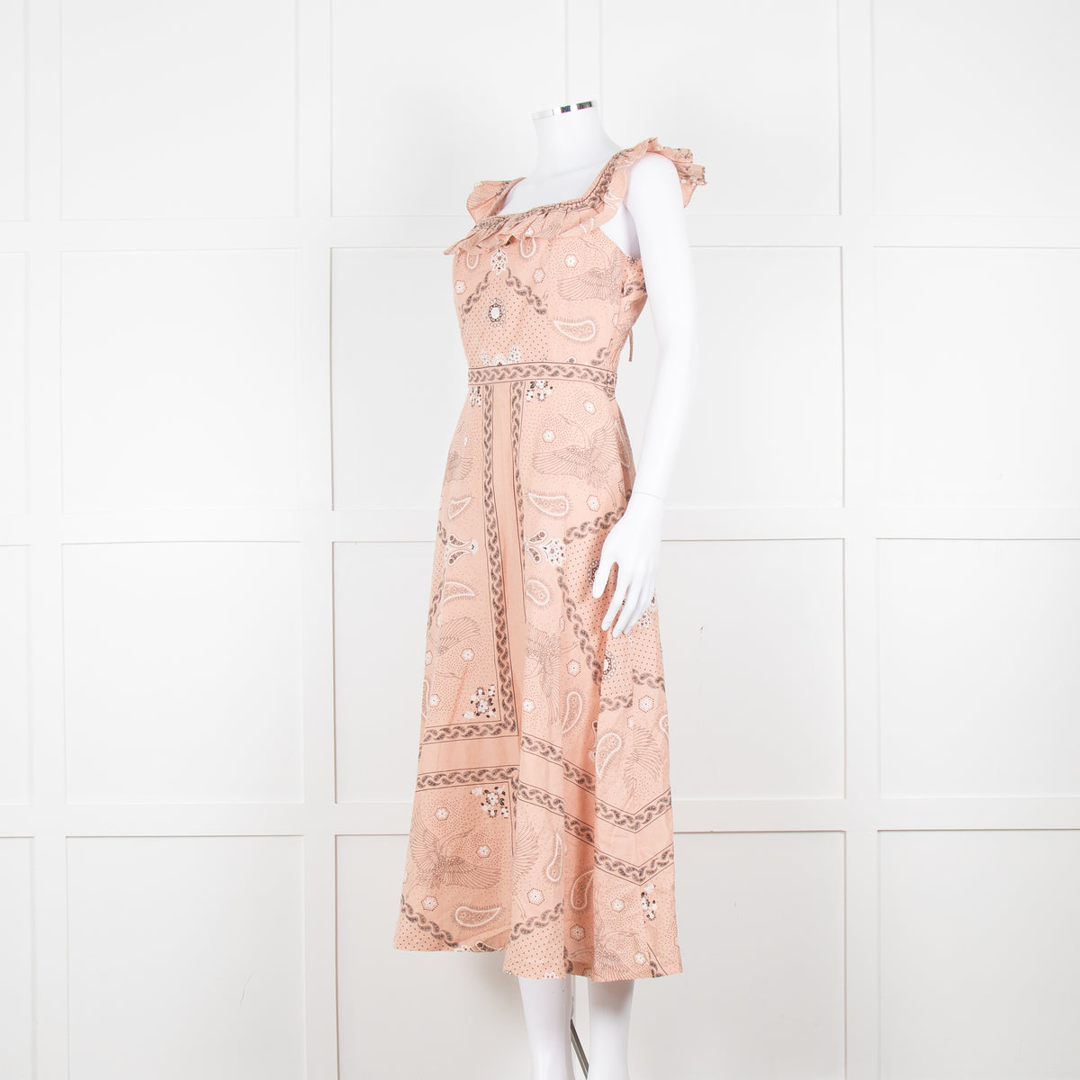 Sandro Peach Black Bandana Cotton Lace Up Back Sleeveless Midi Dress