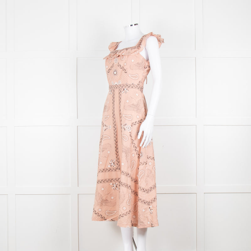 Sandro Peach Black Bandana Cotton Lace Up Back Sleeveless Midi Dress