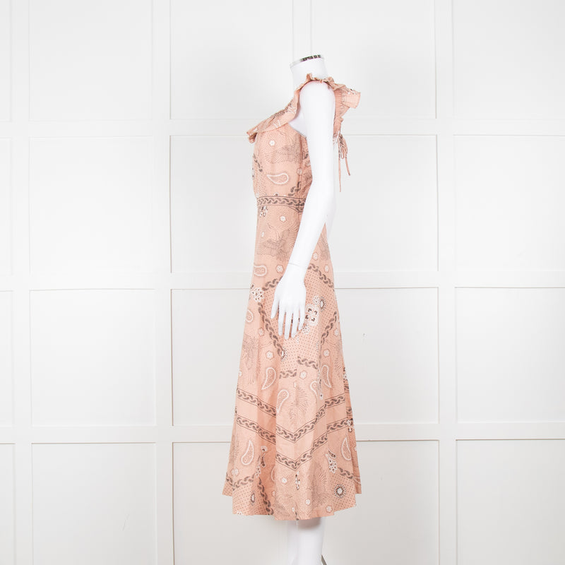 Sandro Peach Black Bandana Cotton Lace Up Back Sleeveless Midi Dress