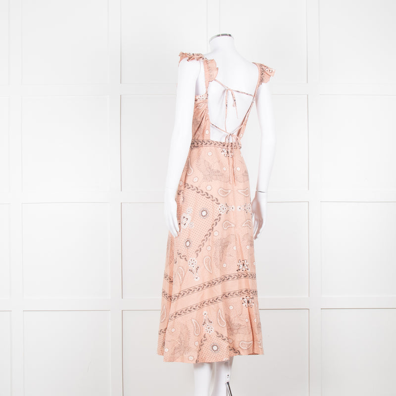 Sandro Peach Black Bandana Cotton Lace Up Back Sleeveless Midi Dress