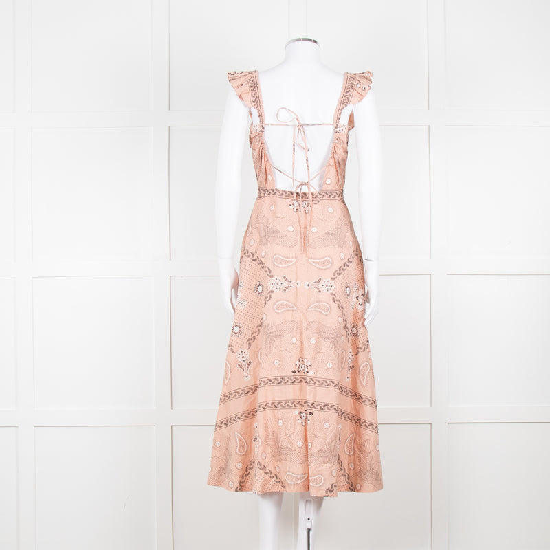 Sandro Peach Black Bandana Cotton Lace Up Back Sleeveless Midi Dress