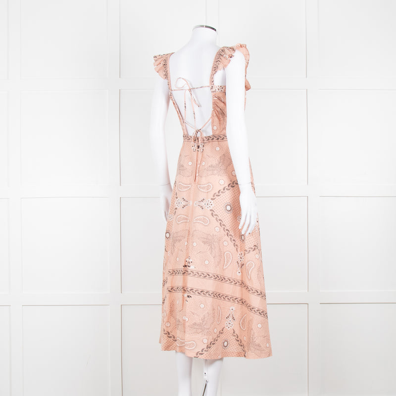 Sandro Peach Black Bandana Cotton Lace Up Back Sleeveless Midi Dress