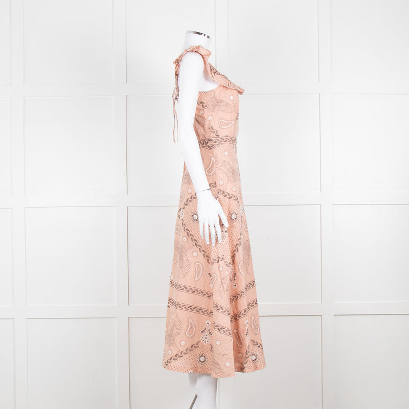 Sandro Peach Black Bandana Cotton Lace Up Back Sleeveless Midi Dress