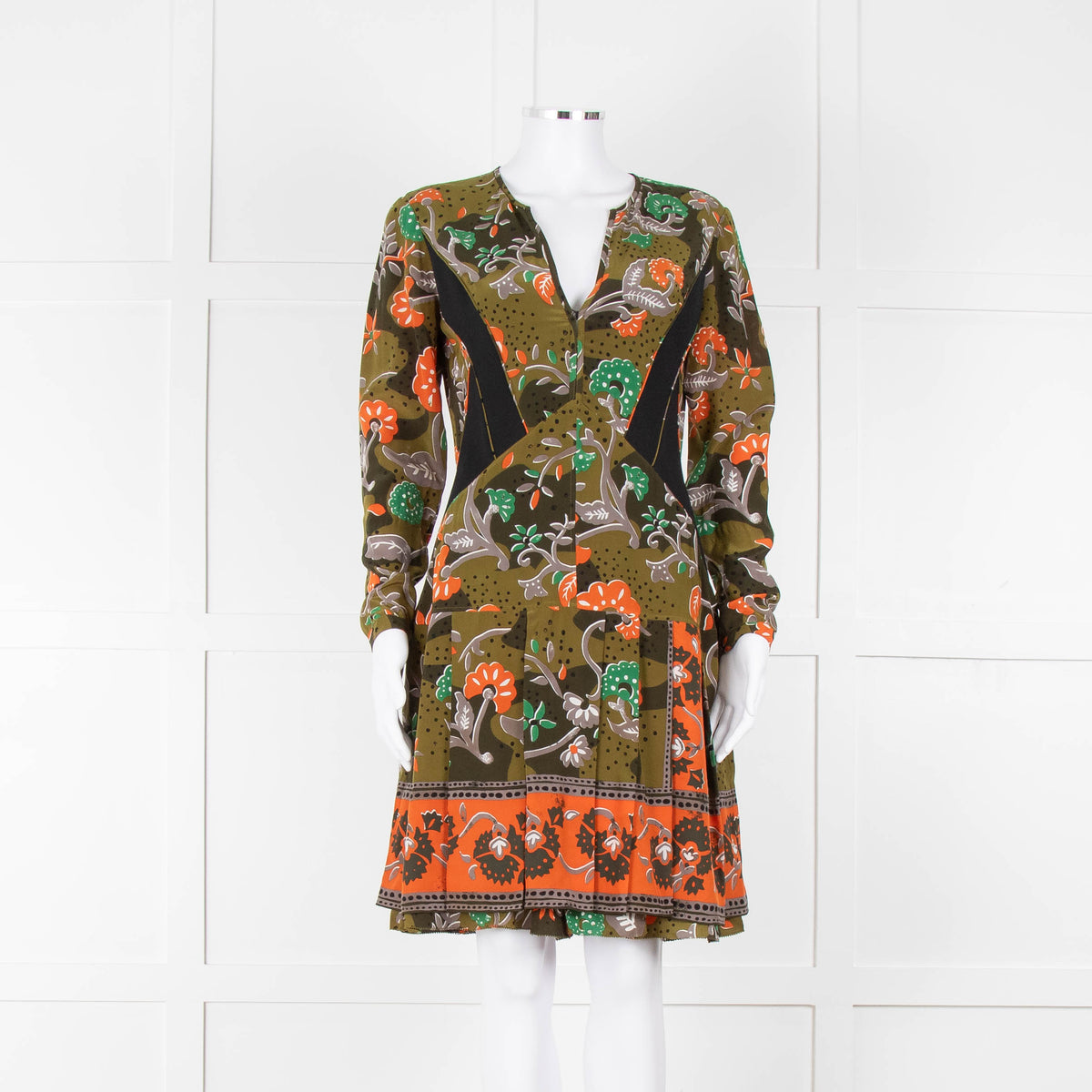 Burberry Khaki Orange Floral V-Neck Long Sleeve Dress