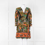 Burberry Khaki Orange Floral V-Neck Long Sleeve Dress