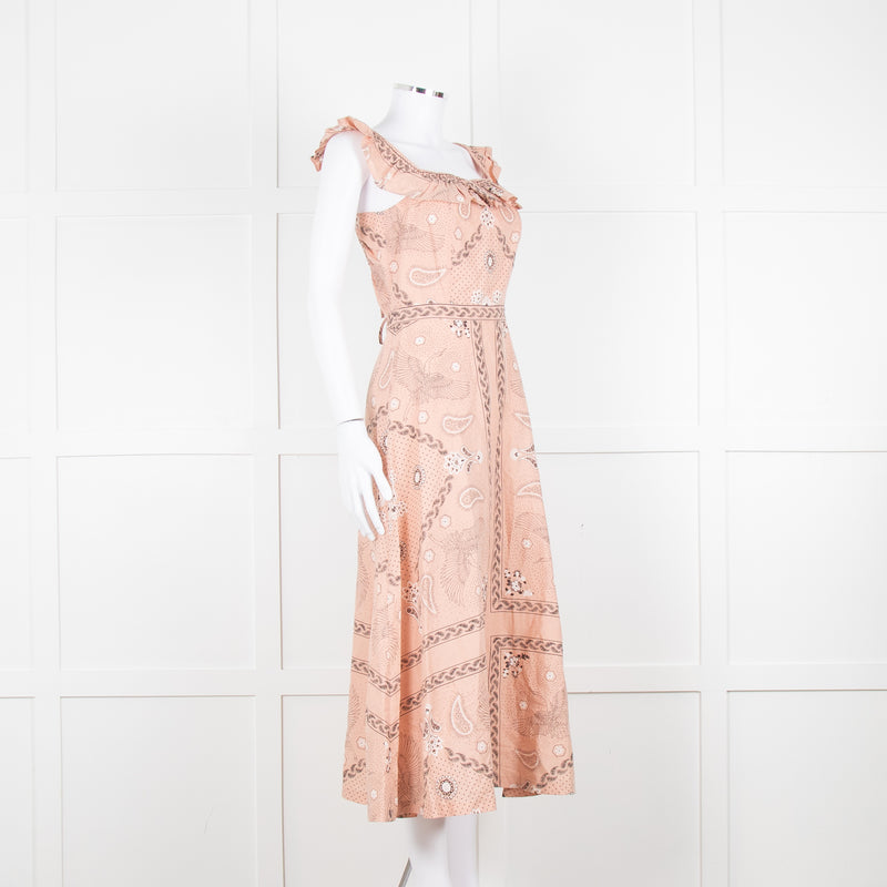 Sandro Peach Black Bandana Cotton Lace Up Back Sleeveless Midi Dress