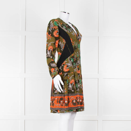 Burberry Khaki Orange Floral V-Neck Long Sleeve Dress
