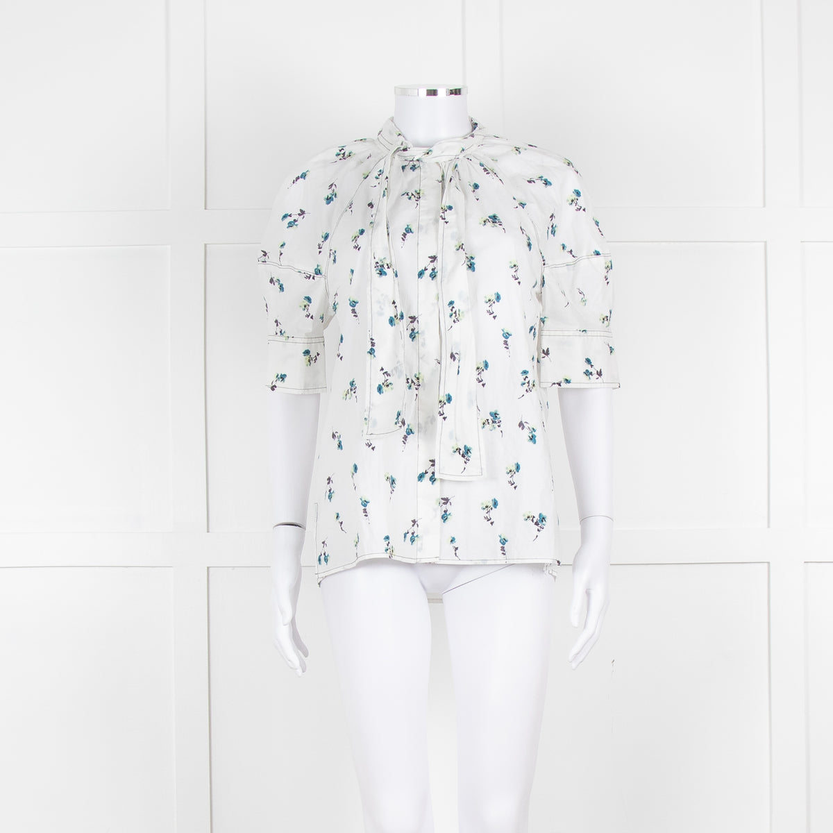 Day Birger Et Mikkelsen White Blue Floral Tie Neck Cotton Top