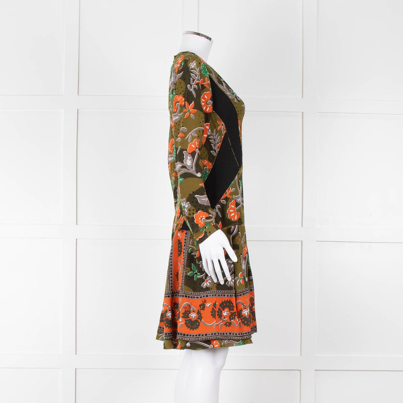 Burberry Khaki Orange Floral V-Neck Long Sleeve Dress
