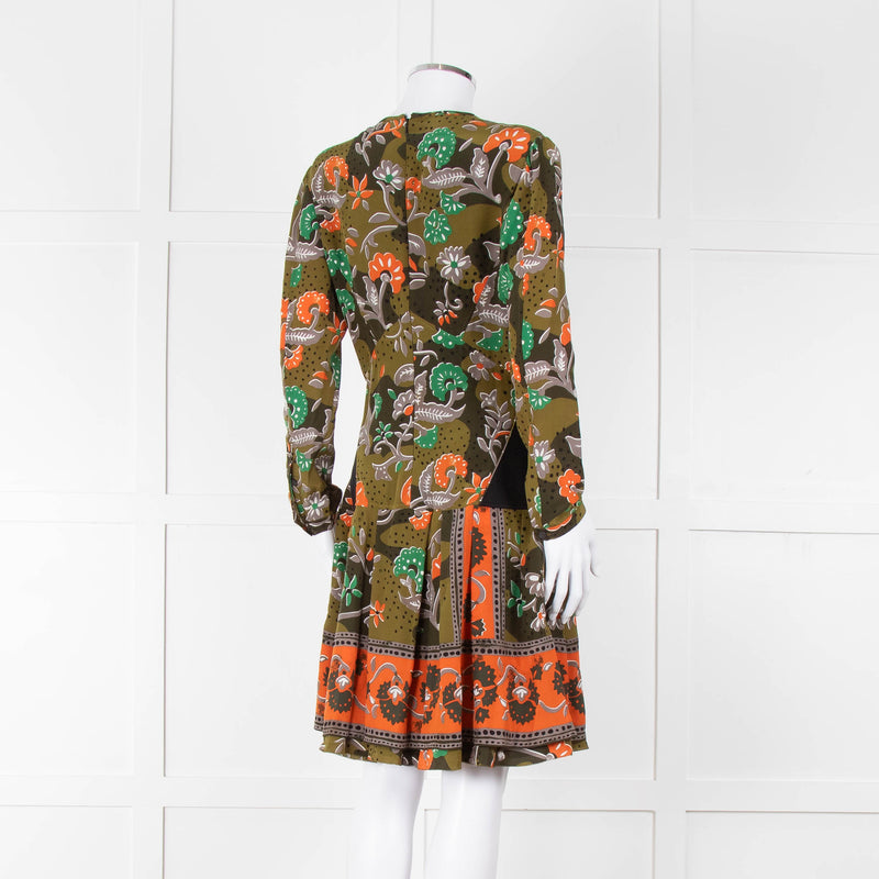 Burberry Khaki Orange Floral V-Neck Long Sleeve Dress
