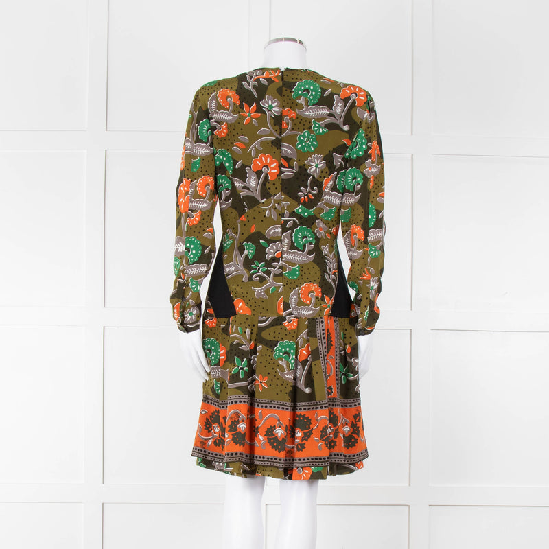 Burberry Khaki Orange Floral V-Neck Long Sleeve Dress