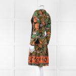 Burberry Khaki Orange Floral V-Neck Long Sleeve Dress