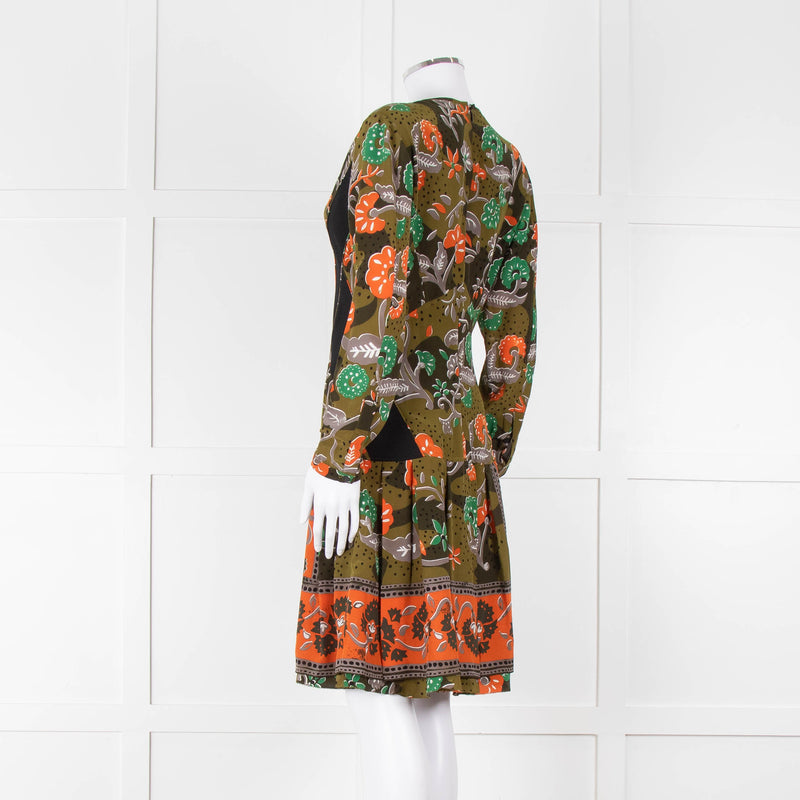 Burberry Khaki Orange Floral V-Neck Long Sleeve Dress