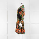 Burberry Khaki Orange Floral V-Neck Long Sleeve Dress