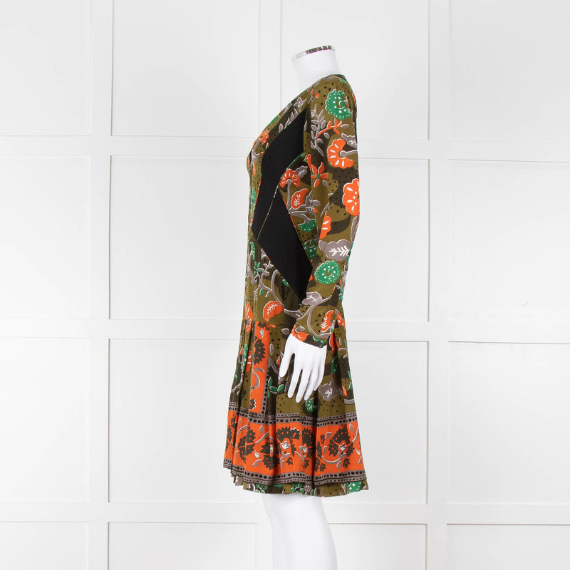Burberry Khaki Orange Floral V-Neck Long Sleeve Dress