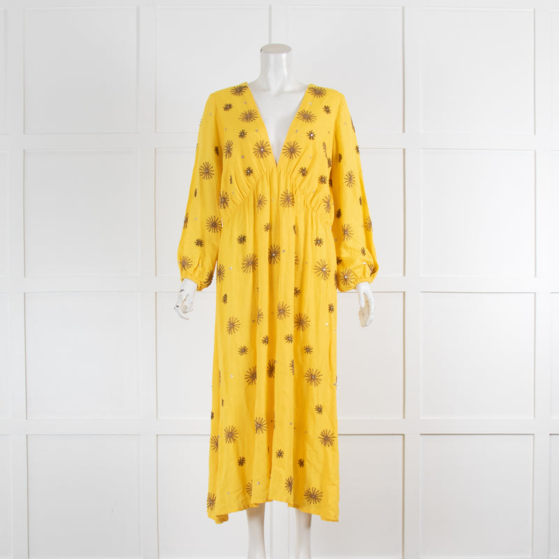 Sundress Yellow Copper Beaded Work Long Sleeve Linen Maxi Dress