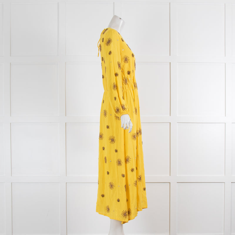 Sundress Yellow Copper Beaded Work Long Sleeve Linen Maxi Dress