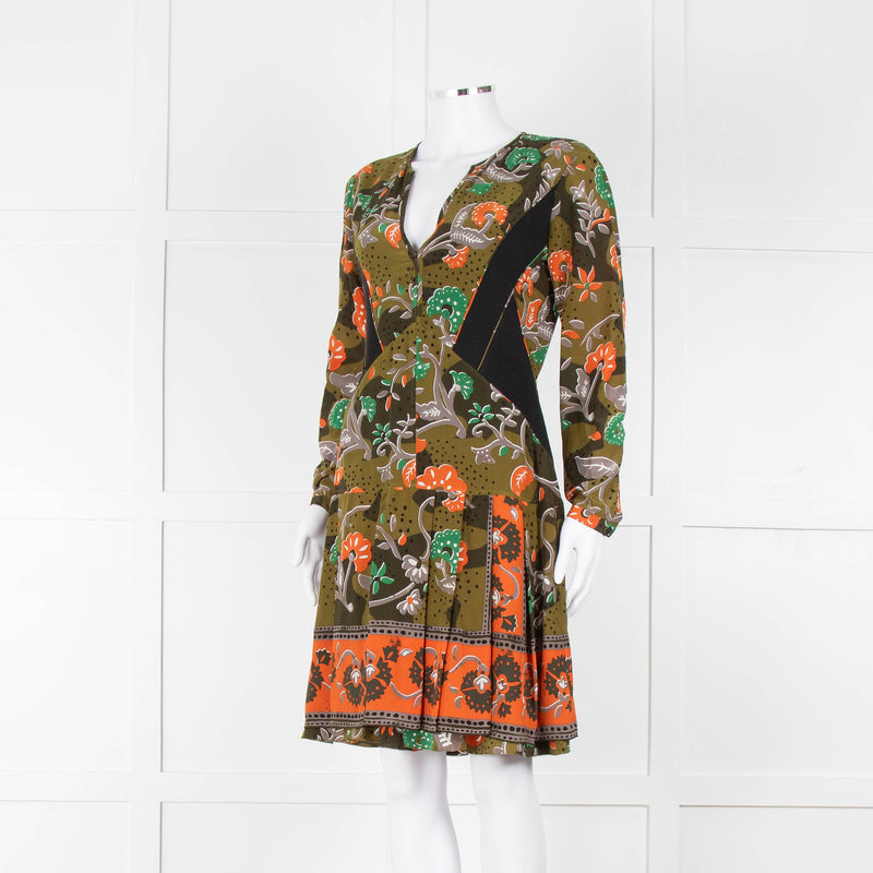 Burberry Khaki Orange Floral V-Neck Long Sleeve Dress