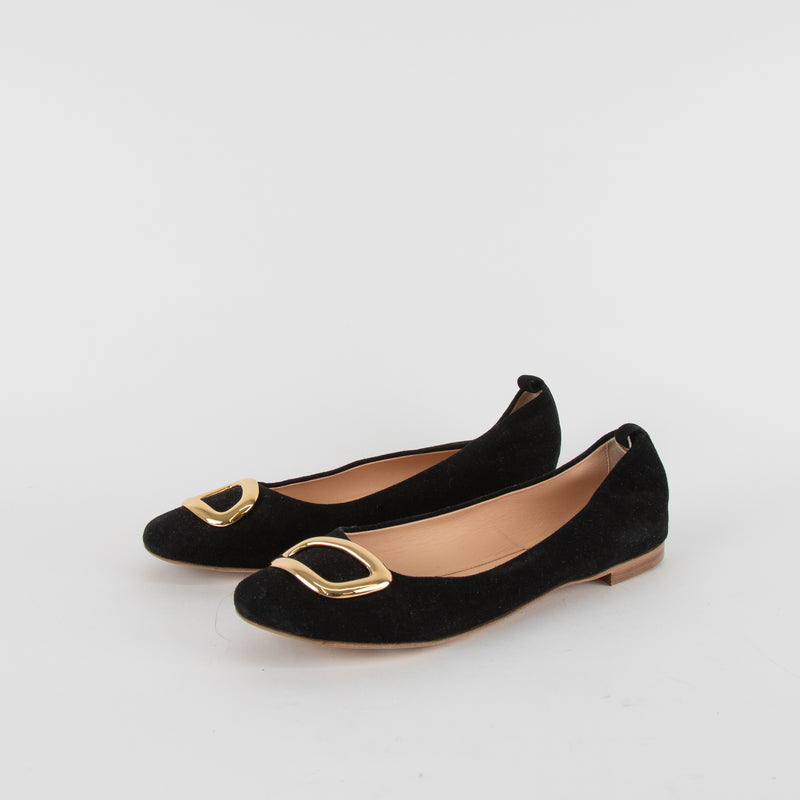 Rupert Sanderson Black Suede Ballet Flats with Gold Buckle