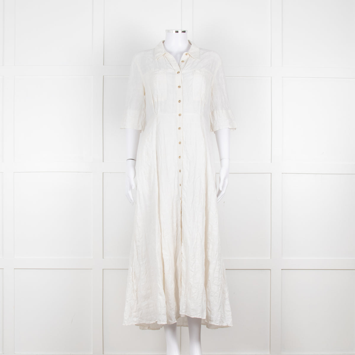 Mara Hoffman Cream Textured Short Sleeve Button Up Dress