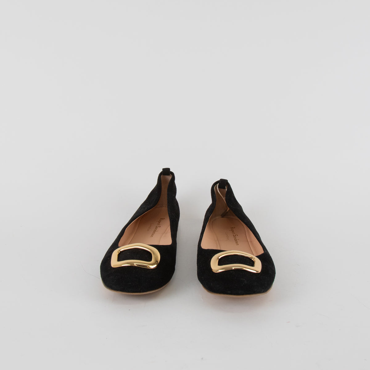 Rupert Sanderson Black Suede Ballet Flats with Gold Buckle