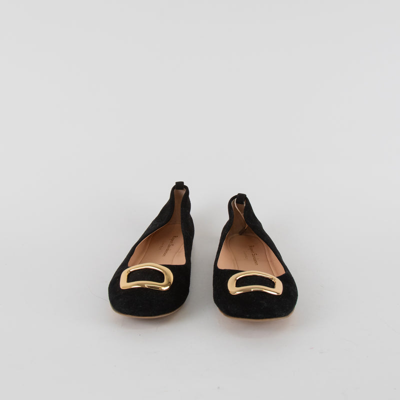 Rupert Sanderson Black Suede Ballet Flats with Gold Buckle