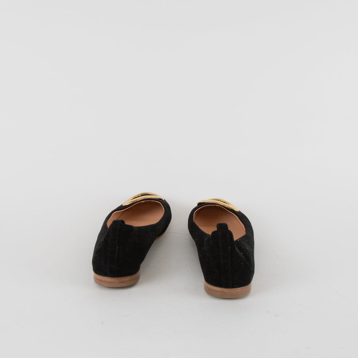 Rupert Sanderson Black Suede Ballet Flats with Gold Buckle