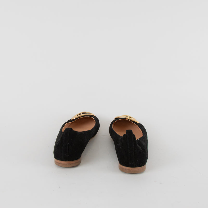 Rupert Sanderson Black Suede Ballet Flats with Gold Buckle
