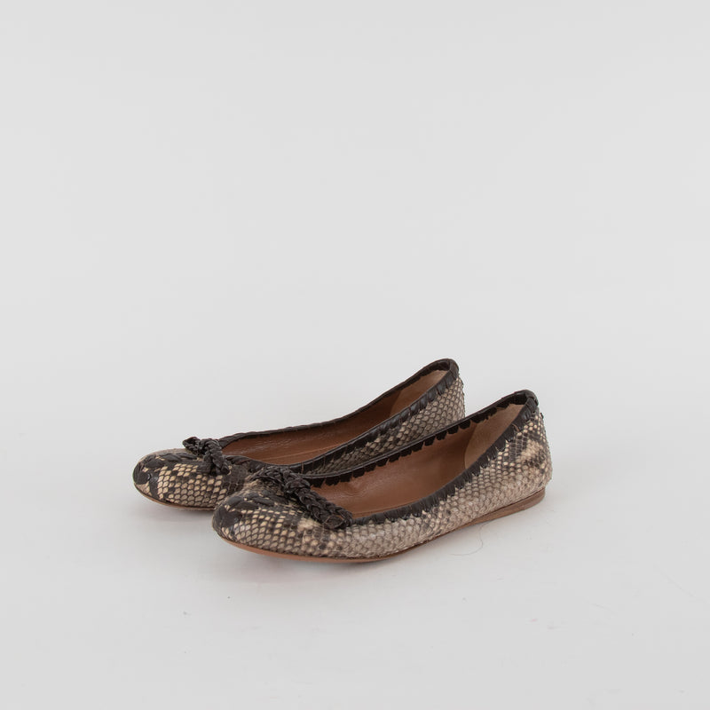 Alaia Brown Snake Skin BraIded Bow Flat Pumps
